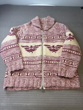 Handknit Chunky Zip-Up Nordic Cardigan Sweater in Cream & Dusty Rose